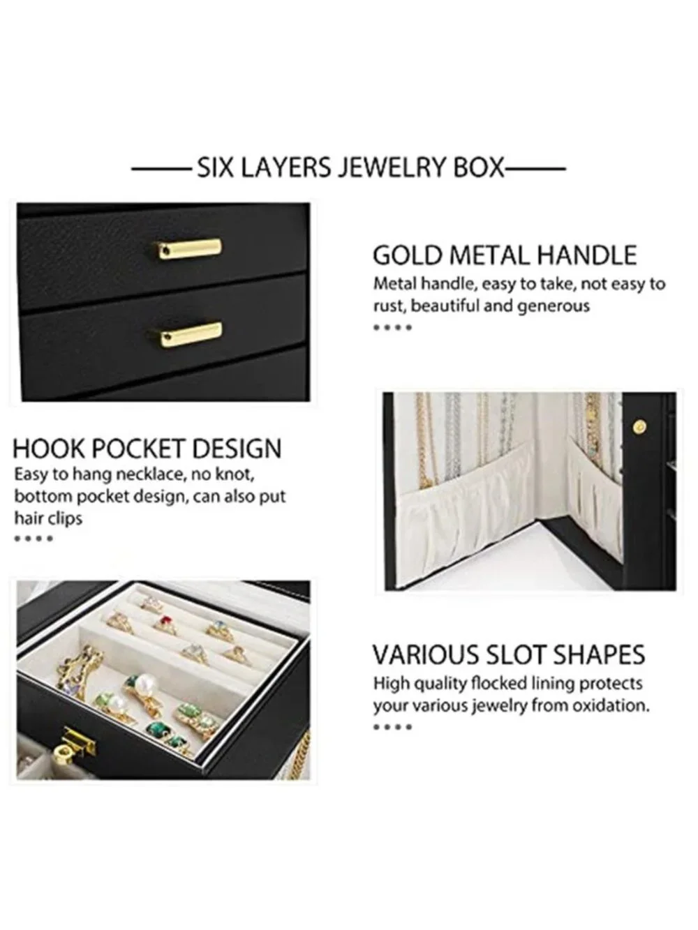 6 Tier Jewelry Box Organizer Leather Storage Case Drawers Mirror Rings Earrings